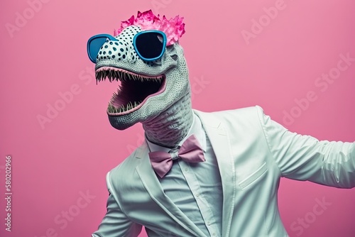 Crazy party with funny weird guy in animal mask having fun. A strange man wearing a white suit and a silly, ugly dinosaur mask dances alone on a pink background. Generative AI © AkuAku