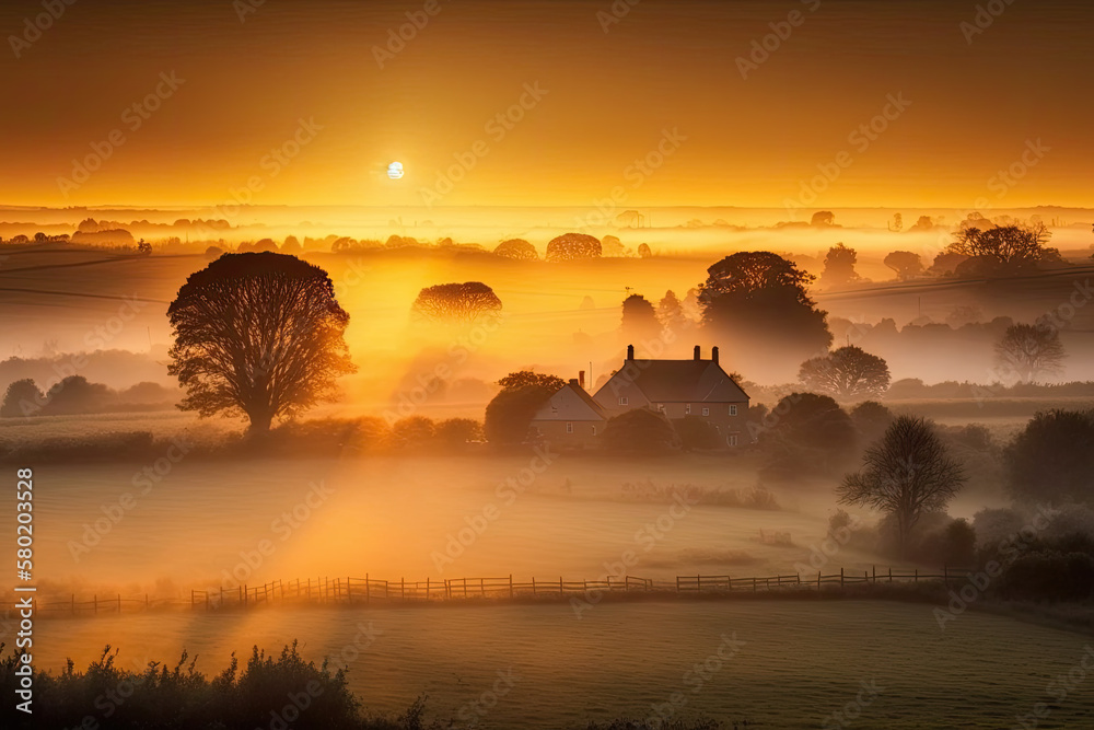 Obraz premium sunrise over a small farm with fog. Generative AI