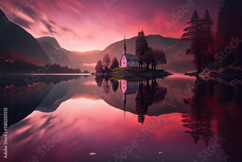 a beautiful lake with calm water in beautiful purple light. Generative AI
