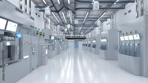 White futuristic semiconductor manufacturing factory or laboratory interior with machine and computer screen