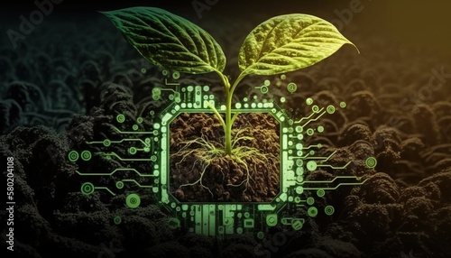 Green sustainable organic technology concept. Bio-technology in agriculture, chemistry, biology fields. Agricultural technologies for growing plants. Generative AI.