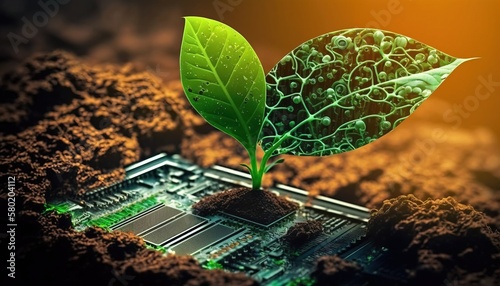 Green sustainable organic technology concept. Bio-technology in agriculture, chemistry, biology fields. Agricultural technologies for growing plants. Generative AI.