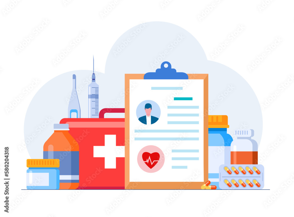 medical, medical check up, healthcare, first aid concept, pharmacy, medicine, flat illustration vector banner background