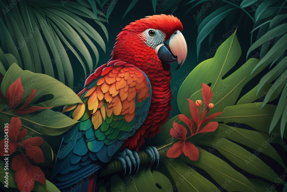 Fototapeta premium Exotic Parrot on Lush Perch with Tropical Foliage generative ai