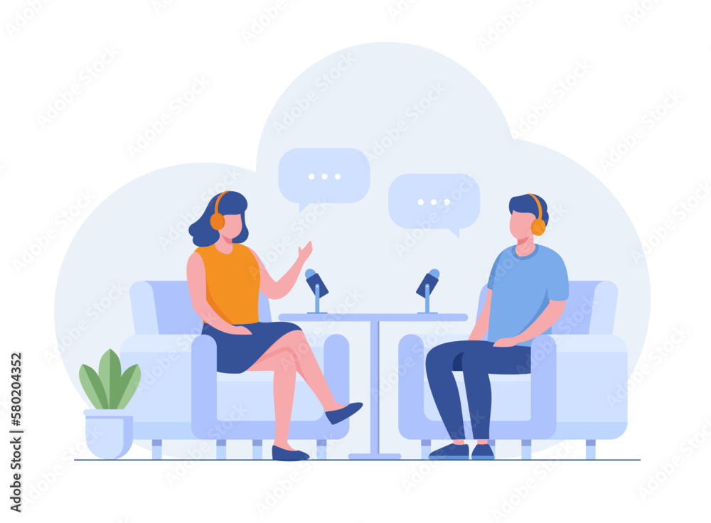 People listening and recording audio podcast or online show vector flat  illustration. Joyful person radio host interviewing guest vector de Stock |  Adobe Stock