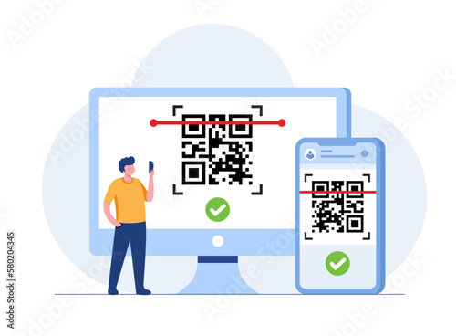 QR code scanning vector illustration concept, people use smartphone and scan QR code for payment and everything, can use for landing page template, ui, web, mobile app, poster, banner, flyer