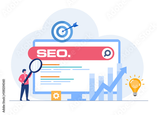 Change SEO ranking position. Search screen page with magnifier . Vector illustration flat design style. SEO, Search Engine Optimization, Top ranking Concept, Flat Vector