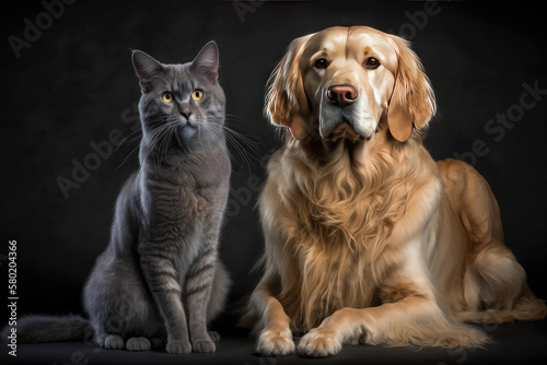 a golden retriever with a gray cat are sitting together. dog and cat best friends. Generative AI © jr-art