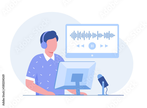 People listening and recording audio podcast or online show vector flat illustration. Joyful person radio host interviewing guest