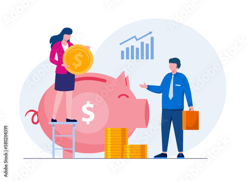 Large piggy bank with business people and golden coin. Financial services, small bankers are engaged in work, saving or save money or open a bank deposit. Vector illustration for web, social media.