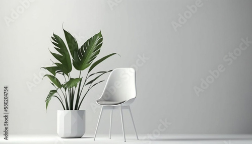 Modern Chair and Amazon Lily Plant on White Wall Background generative ai