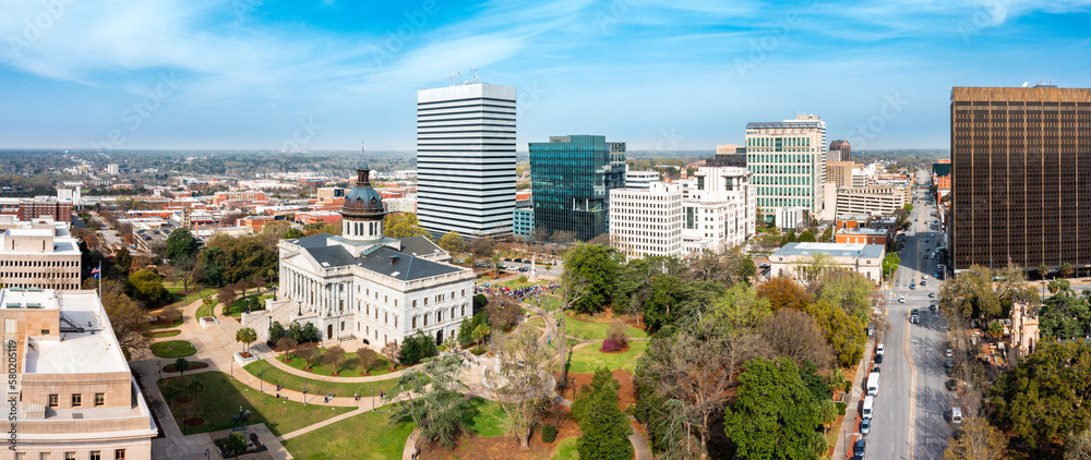 Drone panorama of the South Carolina Statehouse and Columbia skyline on a sunny morning. Columbia is the capital of the U.S. state of South Carolina and serves as the county seat of Richland County - obrazy, fototapety, plakaty 