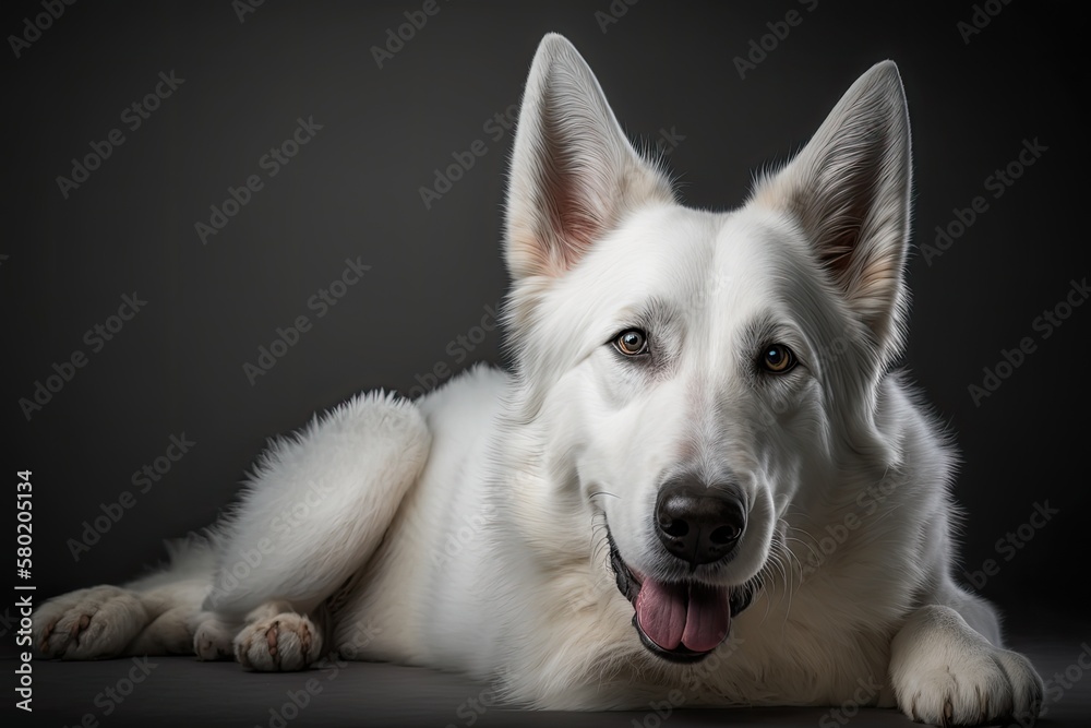 Portrait of a beautiful, calm, and smart White Swiss Shepherd dog lying on the floor with its tongue out, on a gray studio background. Thoughts about movement, action, pets, animal life, and domestic