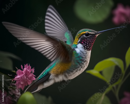 Flying hummingbird against a background of flowers. Generative AI © Sergey Ilin