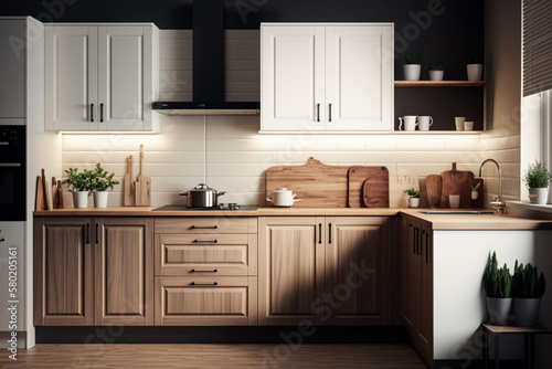 Modern Bright Kitchen Room Background for Product Display Photography generative ai