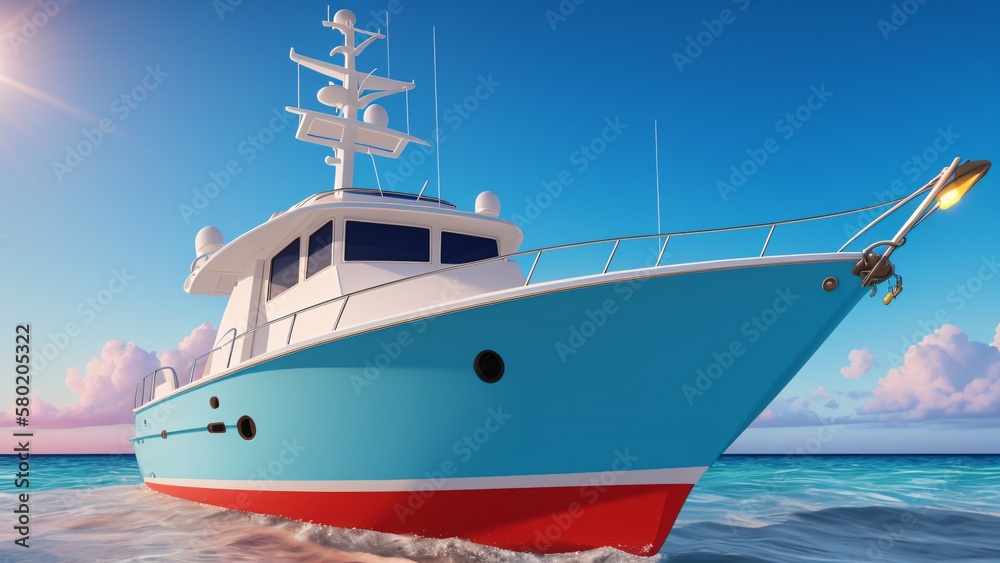 Red and Blue Boat Travelling Across the Blue Ocean Water Wallpaper AI