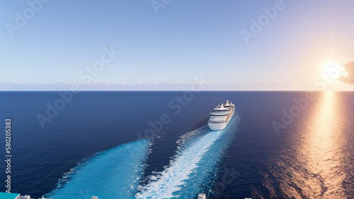 Ariel View of Luxury cruise ship sailing to port at sunrise. AI Generative