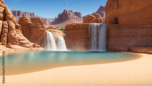 Beautiful Desert Paradise Oasis Light Blue Waterfalls and Lake AI Generative