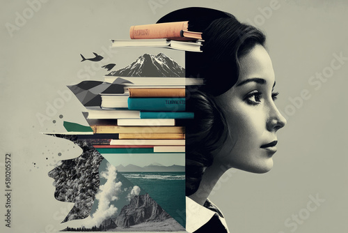 Knowledge and science woman with books artistic graphic collage - Generative AI illustration