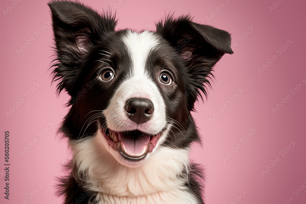 Cute border collie puppy dog dog smiling in studio isolated on pink background. A new member of the family, a small dog, looks around and waits for a treat. Care for pets and ideas about animals. Bann