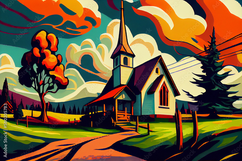 Illustration of an old wooden church in a rural area. Generative AI.