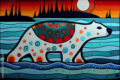 Illustration of a Polor Bear in an indigenous style. Generative AI.