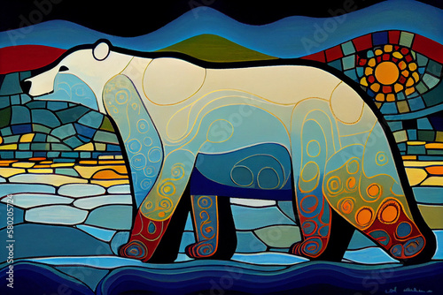 Illustration of a Polor Bear in an indigenous style. Generative AI.