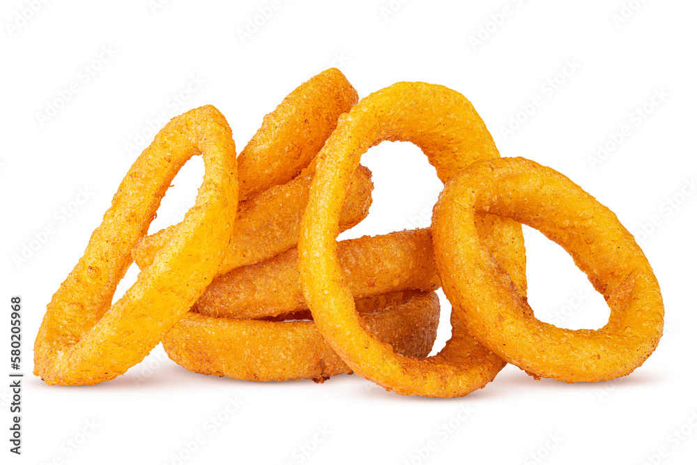 Onion rings. Deep fried onion rings. Breaded crispy vegetable. Snack