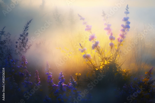 Field spring flowers and grass on a foggy morning in the yellow rays of the sun. AI generation 
