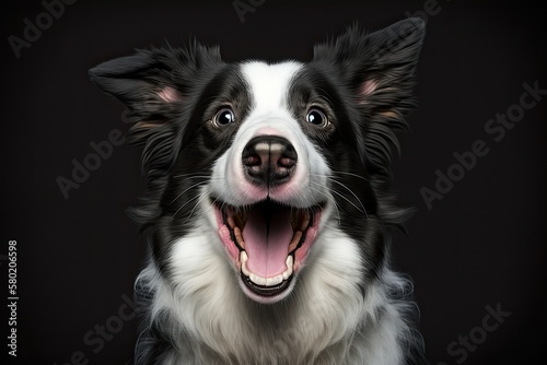 Funny expression dog. A black background with a white border collie. Generative AI