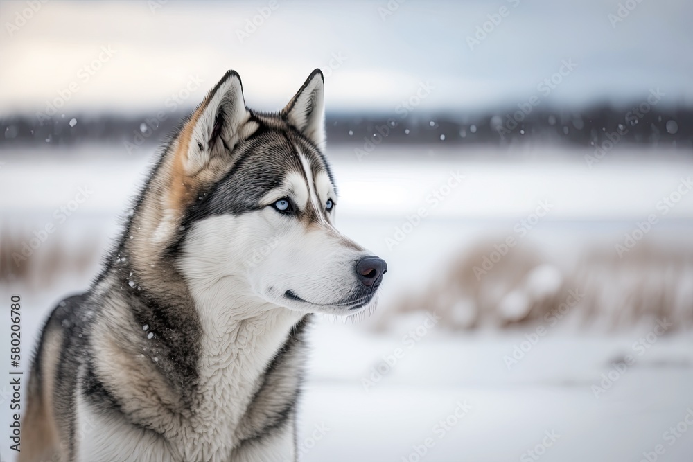 Snapshot of a Husky on a white, wintry background. Amusing animal on a stroll before sled dog school. Generative AI