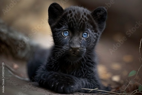 Black panther kitten, baby melanistic leopard. Generative AI