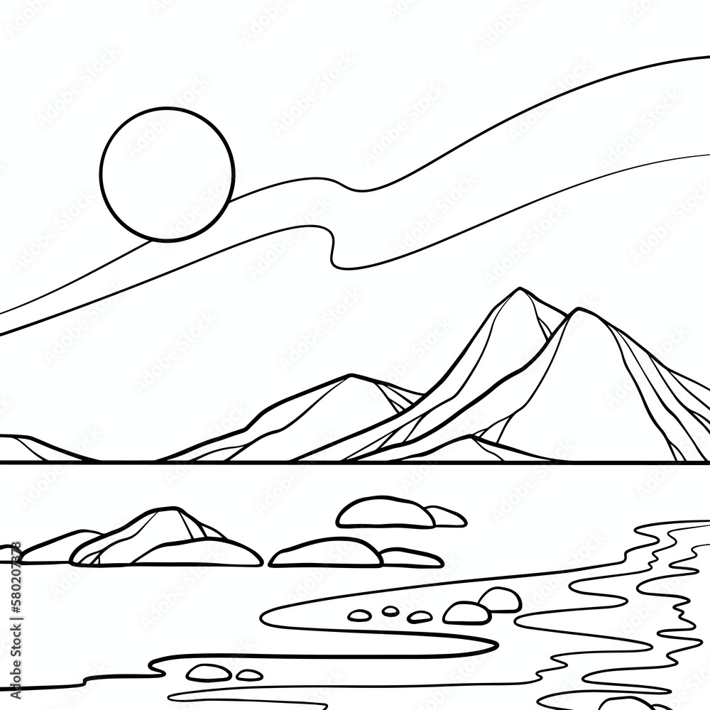 Vetor de Sea, coast, stones, mountains and sky. Adult colouring page ...