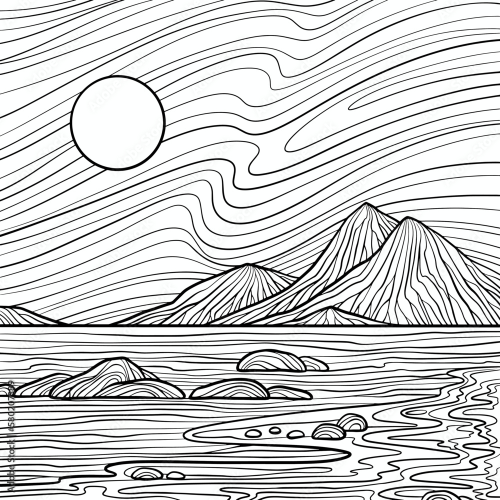 Vetor de Sea, coast, stones, mountains and sky. Adult colouring page ...
