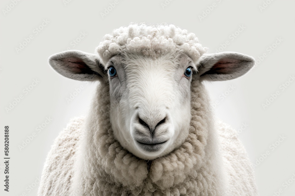 Fototapeta premium A white sheep with just its face visible, munching while gazing towards the camera, isolated, on a white background, copy space, and a clean edit. Generative AI