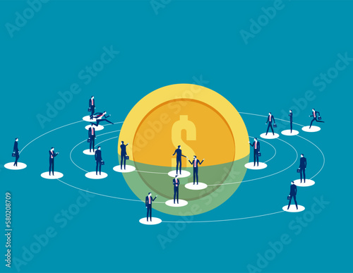 Business people on around big coin. Business financial vector illustration
