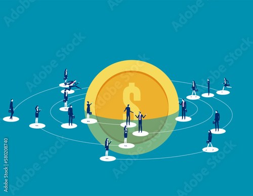 Business people on around big coin. Business financial vector illustration