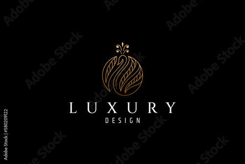 Golden peacock logo design with leaf shape ornament in luxury linear design style