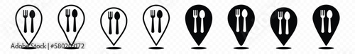 Restaurant map pins icon set. Restaurant location pins. Spoon and fork in map pin sign.  GPS restaurant location symbol for apps and websites, vector illustration
