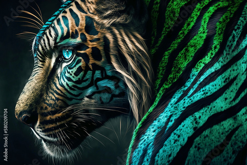 AI illustration of a green and turquoise tiger  art  animal