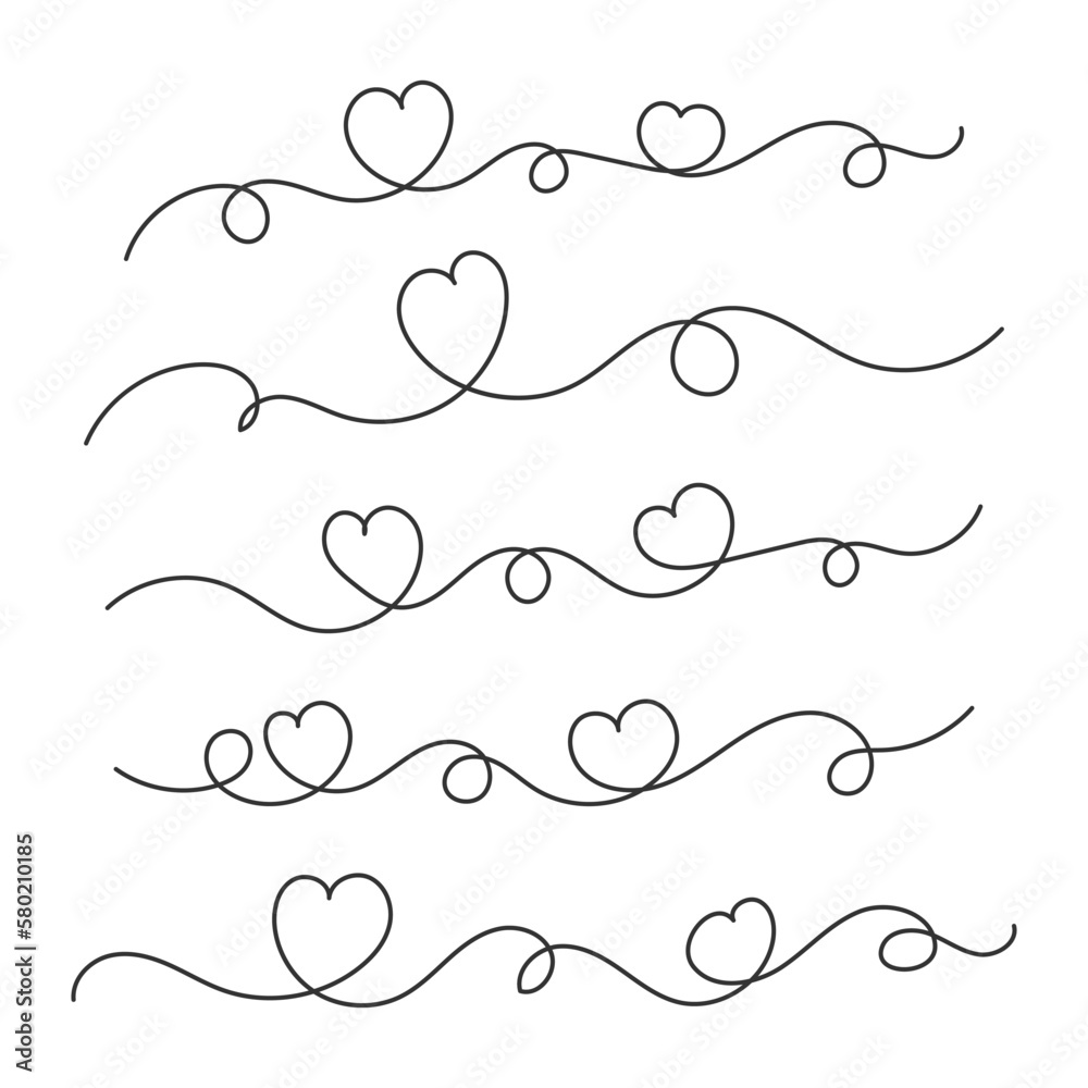 Hand drawn continuous lines with hearts. - Vector. Hand drawn continuous lines with hearts. - Vector.