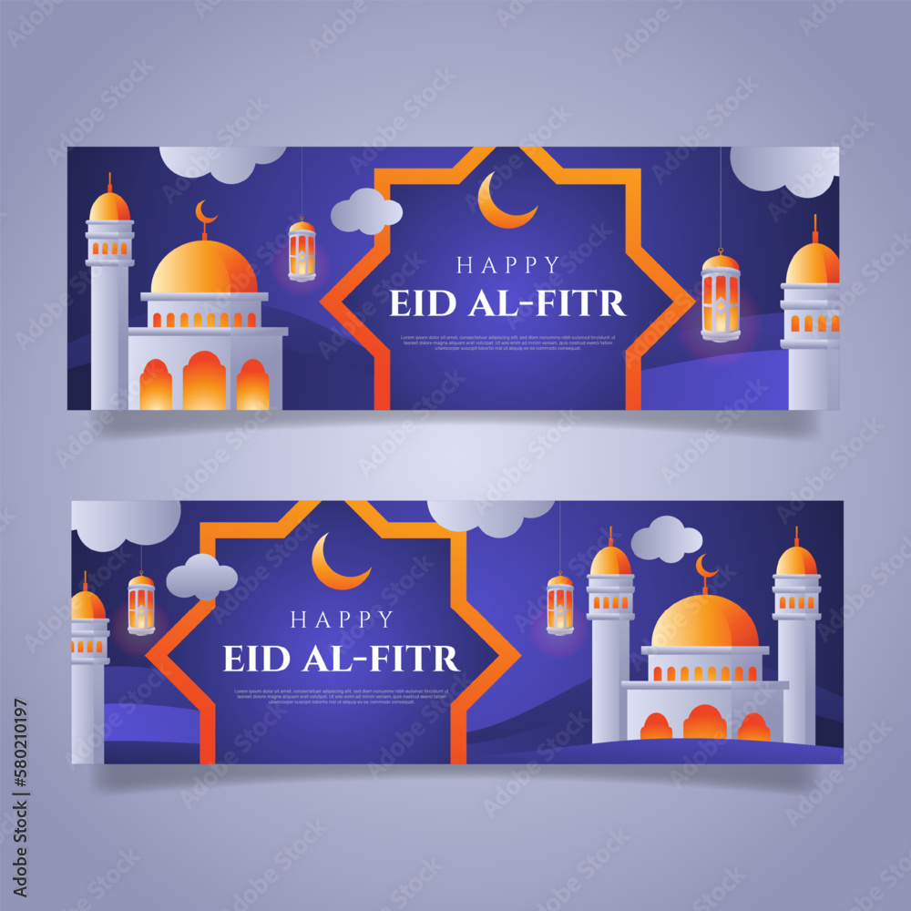 Horizontal banner template for islamic eid al-fitr celebration. - Vector.