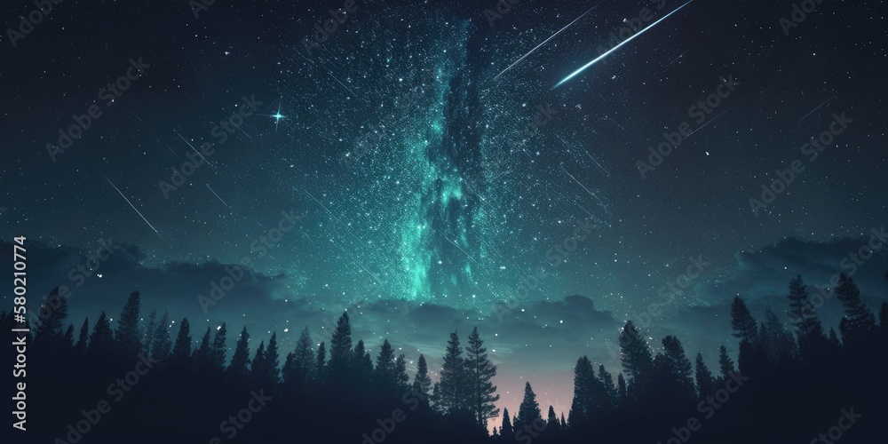 Abstract time lapse night sky with shooting stars over forest landscape. Milky way glowing lights background.