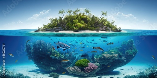 Tropical island in the ocean with coral reefs and fish. Palm trees beach vacation. Underwater landscape.