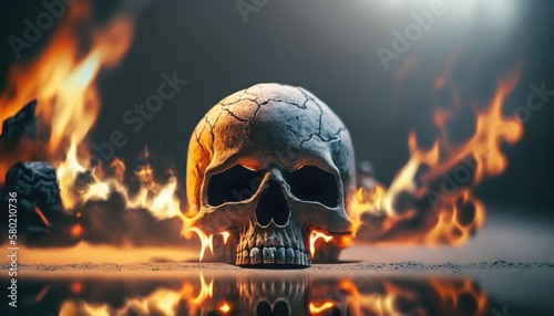Skull with flames. Abstract burning bones. Gothic death danger skeleton. Flaming hardcore metal background.