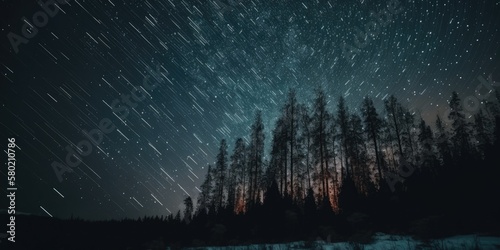 Abstract time lapse night sky with shooting stars over forest landscape. Milky way glowing lights background.
