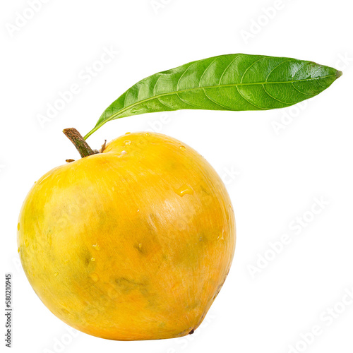 Yellow eggfruit or canistel fruit with green leaf isolated on white background photo