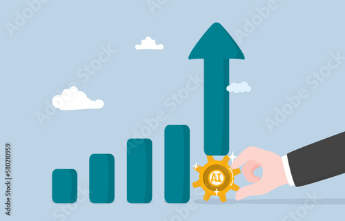 Business help with AI, machine learning to improve customer service, boost productivity or help decision making, Giant hand putting cogwheel of AI under latest bar of graph to grow business rapidly.