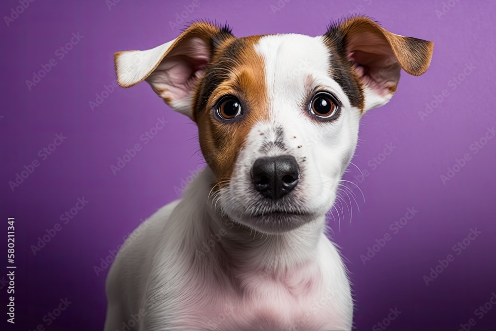 Pretty dog puppy Jack Russell Terrier wants to play and needs attention, isolated on purple studio background. portrait copy space for advertisement. animals, pets, dogs concept. Generative AI