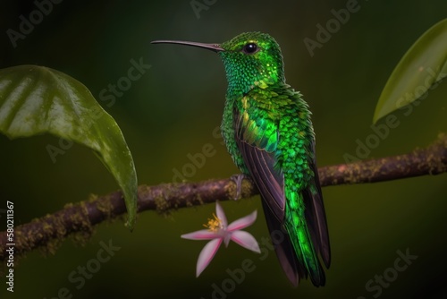 The Green crowned Brilliant, Heliodoxa jacula, is shown against a green background in a very detailed picture from Costa Rica. A tropical forest animal. South American hummingbird with a lot of shine